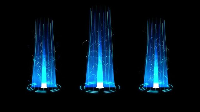 Three glowing blue holographic data stream portals loop