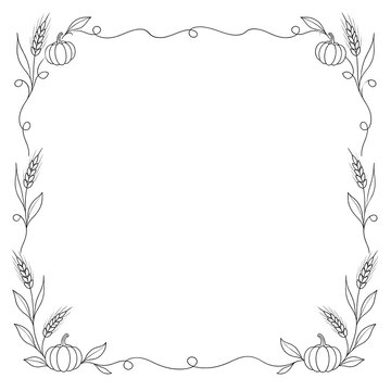 Autumn decorative border with pumpkins and wheat ears hand drawn sketch