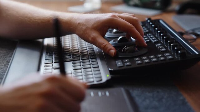 Hands adjusting color grading control panel and keyboard in creative workspace