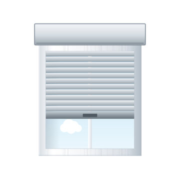 Window with a metal roller shutter half lowered on transparent background