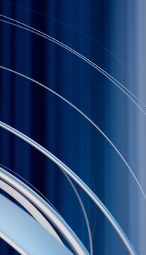 Abstract curved metallic silver rings on blue gradient background