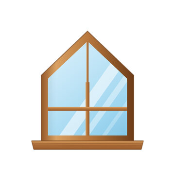 Wooden dormer attic window with a pitched top on transparent background