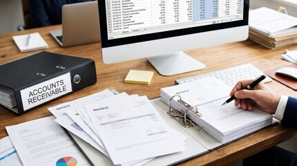 Obraz premium Accounts receivable documents on office desk with computer with invoices accounts receivable binder computer screen administration bookkeeping information accounting with paperwork