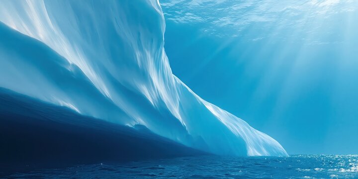 Underwater view of massive iceberg with sculpted ice and sun rays piercing blue water