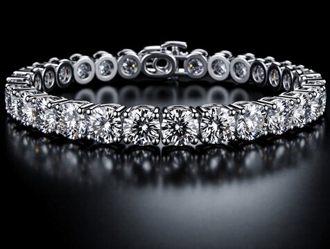 Elegant diamond tennis bracelet with round cut gemstones set in white gold silver metal. Luxury jewelry accessory sparkles on dark background. Perfect gift for wedding, anniversary bridal fashion.