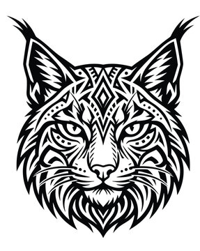 Tribal lynx head vector illustration, bobcat mascot with geometric patterns, black and white wild cat tattoo design