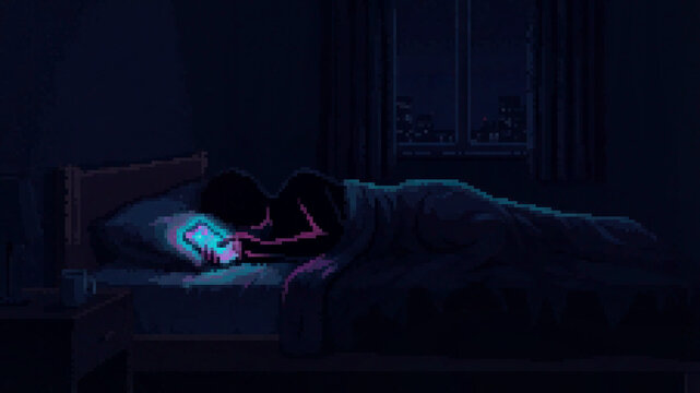 Pixel art person lying in bed at night using a smartphone with a glowing screen