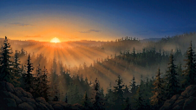 Pixel art panorama: Sunset over misty forest and mountains with sun rays