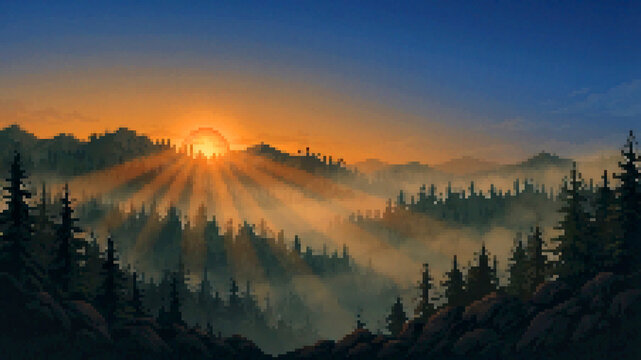 Pixel art landscape of a sunset over a misty forest valley with dramatic sun rays and mountains