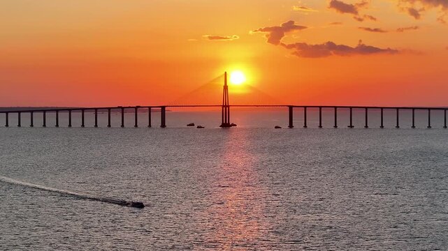 Phelippe Daou Bridge At Manaus In Amazonas Brazil. Sunrise Cable Bridge. Peaceful Landscape. Amazon Black River. Phelippe Daou Bridge In Manaus In Amazonas Brazil. Beautiful Sunset. Amazon Forest.
