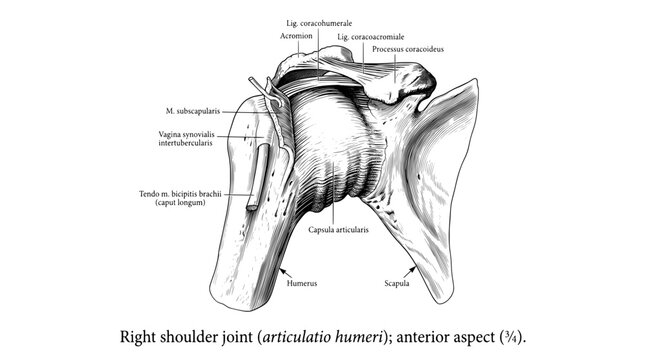 Detailed engraving of the right shoulder joint showing anatomy and labels for parts and structures