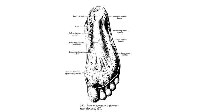 Foot anatomy illustration showing various parts of the foot in detailed engraved style