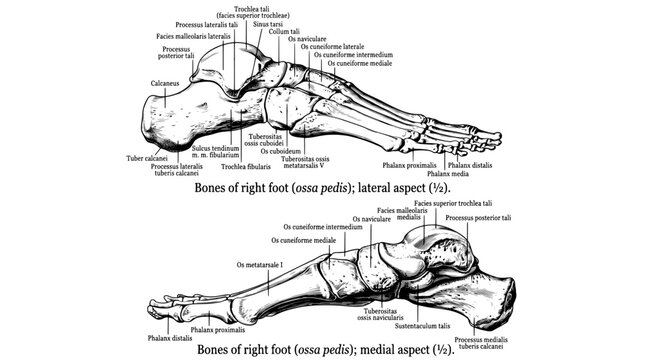 Engraved illustration showing the bones of the right foot from lateral and medial aspects