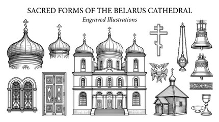 Obraz premium Sacred forms of the Belarus Cathedral shown in engraved illustrations and detailed art