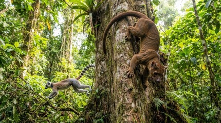 Fototapeta premium Fossa and lemur in lush green Madagascan rainforest canopy