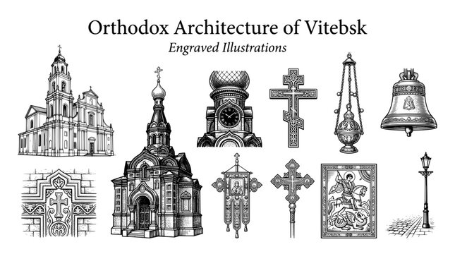 Engraved illustrations of orthodox architecture found in Vitebsk, showcasing various buildings and religious symbols