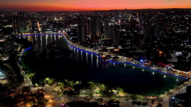 Sunset Campina Grande Skyline In Campina Grande In Paraiba Brazil. Downtown District. Highrise Buildings. Sunset Campina Grande Skyline In Paraiba Brazil. Lakefront Scenery. Leisure Park.
