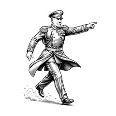 Obraz premium Man in military uniform walking and pointing in a vintage engraving style illustration