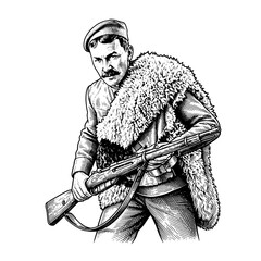 Obraz premium Engraved illustration of a soldier with a rifle and fur garment from a historical period