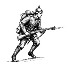 Obraz premium Engraved illustration of a soldier in action with a rifle during a historical military context