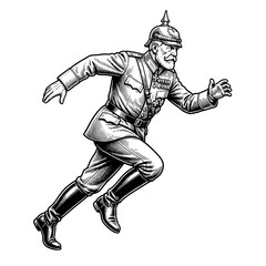 Obraz premium Engraved illustration of a man in military uniform running as if in an urgent situation