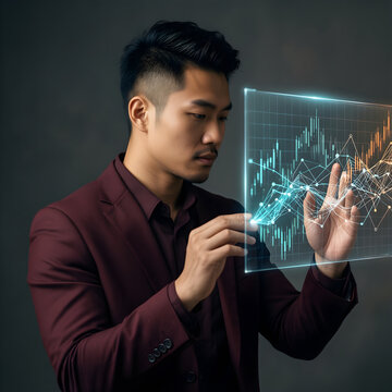 Fictional East Asian nonbinary professional in their late thirties with an undercut and a dark maroon suit evaluating financial risk beside branching data paths and a clear protective boundary