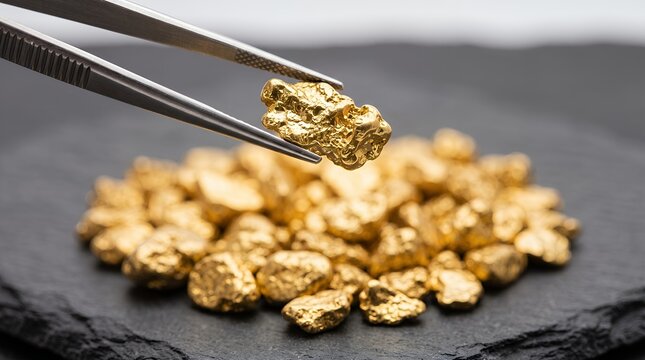 Close-up of gold nuggets and precious metal treasures