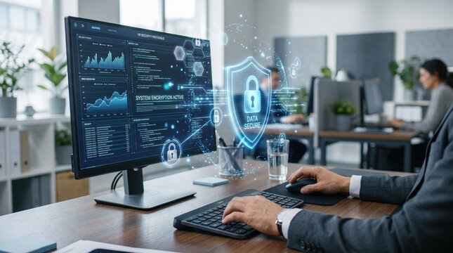 Cybersecurity data protection concept with computer monitor displaying encryption active status and holographic shield lock icon in modern office workspace for network safety and privacy security.