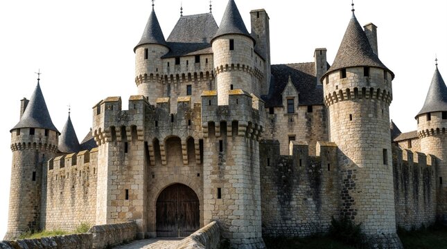 Imposing medieval stone castle with turrets and gatehouse stands against a white background. Its architecture signifies strength and historical defense.