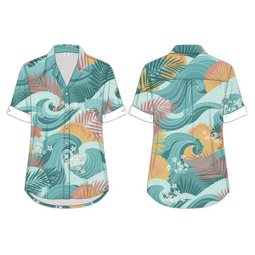 Tropical Pattern Oversized Women&rsquo;s Shirt Front and Back View Flat Vector Fashion Design