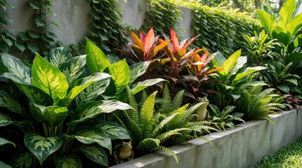 Fototapeta premium Rich garden bed features various green plants like aglaonema and ferns. Bright cordyline leaves contrast with ivy on concrete wall. Stone frogs add whimsical detail.