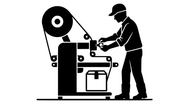 Graphic icon of a packaging worker operating an industrial carton sealing machine with a tape roll onto a cardboard box, representing automated packaging, logistics shipping fulfillment, and warehouse