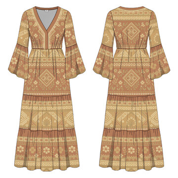 Bohemian Floral Maxi Dress Front and Back View Flat Vector Women&rsquo;s Fashion Design