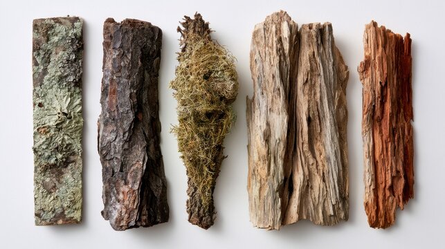 A row of four different dried bark and lichen specimens from different tree species, arranged vertically, diverse textures and colors.