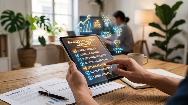 Business strategy checklist on tablet with holographic icons, market analysis and growth plan in modern office, digital planning concept for entrepreneurs and startups