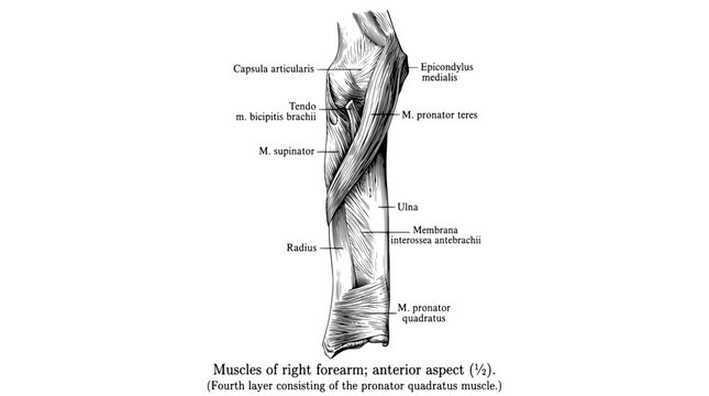 Muscles of right forearm shown in detailed engraving on anterior aspect of human anatomy