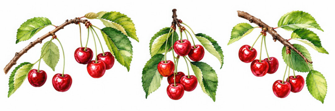 Watercolor of ripe red cherry branches with lush green leaves on generated using ai background