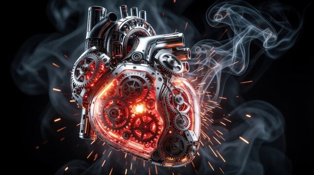 Futuristic robotic mechanical heart with glowing red gears, metal parts. Cybernetic organ works with sparks, smoke in dark background. Artificial engine pump uses high tech parts to show power,