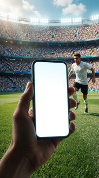 Hand holds smartphone with blank white screen at soccer stadium. Male player in white shirt runs on green grass field during match. Huge crowd watches game in large arena under bright sunny sky.