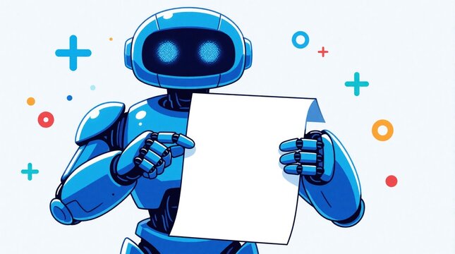 Friendly blue AI robot mascot holds blank white paper sheet. Cute cyborg character presents empty document for text infographic. Digital assistant shows report data file in modern tech concept for