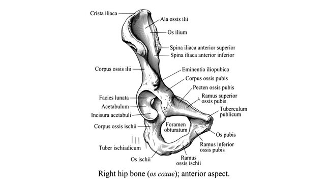Right hip bone illustration showing detailed anatomy in black and white engraving