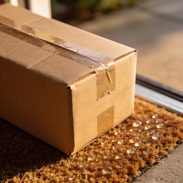 Cardboard delivery box on wet doormat outside front door package arrival doorstep delivery