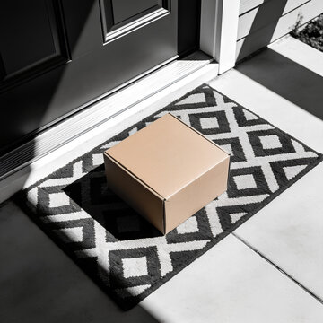 Cardboard package delivered on doormat outside front door home delivery concept