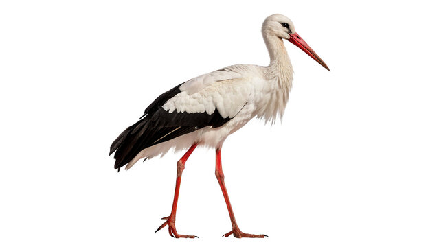 Majestic wild white stork bird standing in profile isolated on transparent background