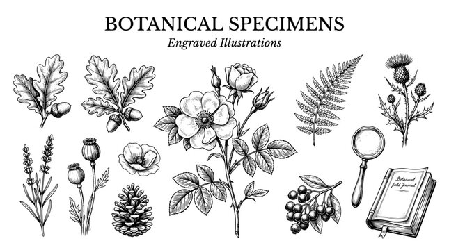 Botanical specimens with engraved illustrations of various plants and flowers in a vintage style