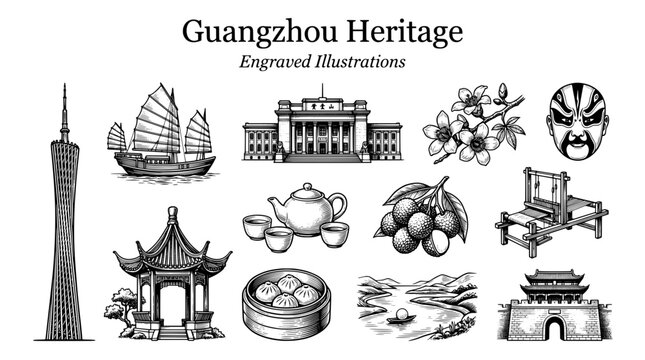 Guangzhou heritage engraved illustrations showcasing the city&rsquo;s landmarks and culture in black and white art