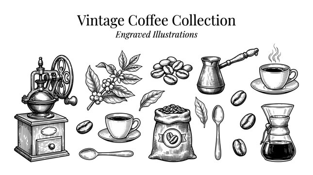 Vintage coffee collection with engraved illustrations featuring coffee-related items