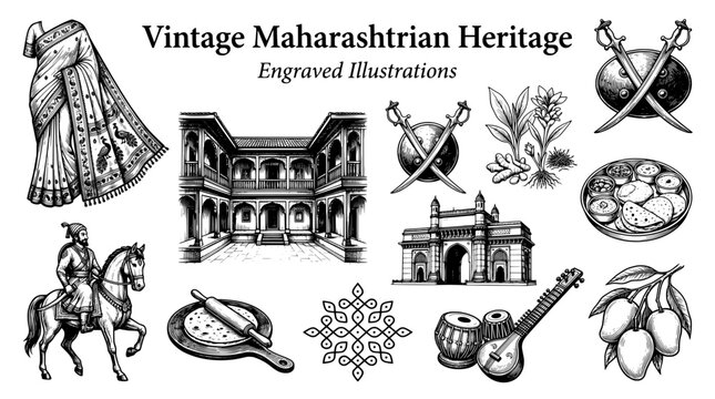 Collection of engraved illustrations showcasing vintage Maharashtrian heritage