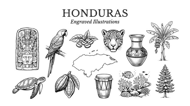 Honduras engraved illustrations featuring wildlife, plants, and cultural symbols