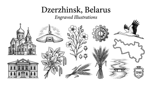 Engraved illustrations of Dzerzhinsk Belarus showing buildings, nature, and local symbols